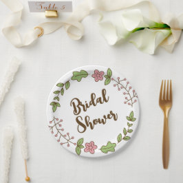 Plato De Papel Ducha de Novia Hojas Verdes Flor Rosa