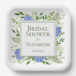 Plato De Papel Ducha de Novia Hortensias Azules