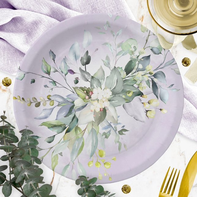 Plato De Papel Ducha de Novia Lavanda Púrpura Acuarela Verde (Subido por el creador)