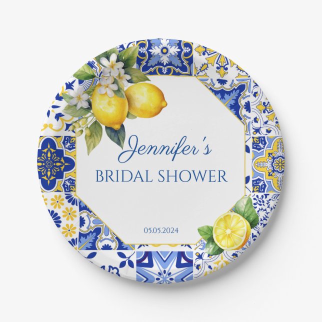 Plato De Papel Ducha de novia Lemon Blue Tile Amalfi (Anverso)