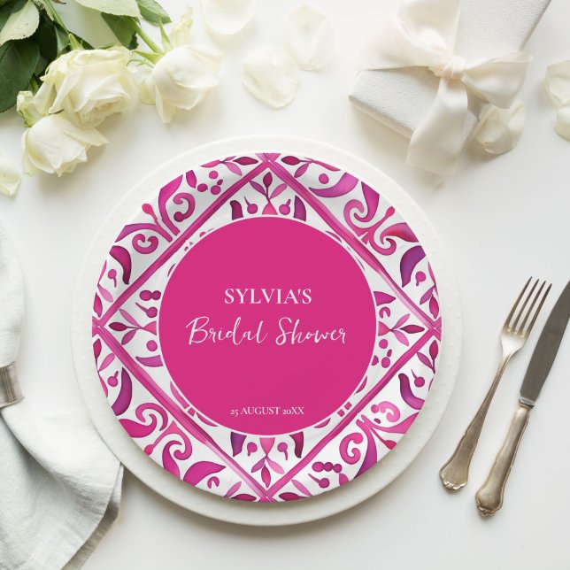 Plato De Papel Ducha de novia mexicana de talavera española negri (Bold pink Spanish talavera vintage Mexican bridal shower monogram printed  Paper Plates table decor)