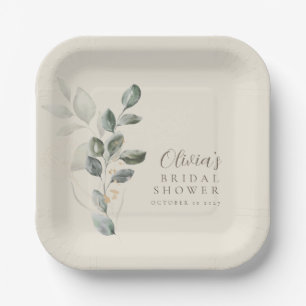 Plato De Papel Ducha de Novia Minimalista Dorada con Vegetación P