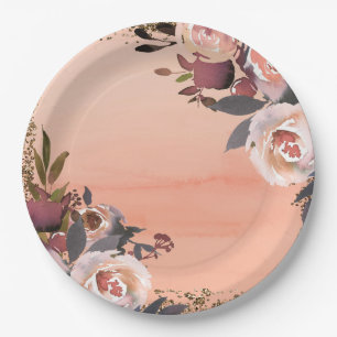 Plato De Papel Ducha de Novia Moderna Floral con Brillo de Meloco
