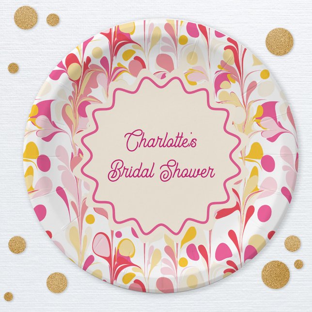 Plato De Papel Ducha de Novia Moderna Retro Abstracta Ondas Rosad (Modern abstract groovy abstract wavy personalized bridal shower party paper plates)