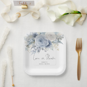 Plato De Papel Ducha de Novia Modernos Florales Azules Amor en Fl