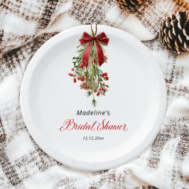 Plato De Papel Ducha de Novia Muérdago Navidad Lazo Rojo