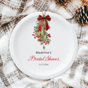 Plato De Papel Ducha de Novia Muérdago Navidad Lazo Rojo