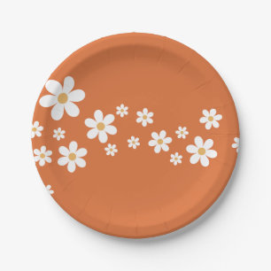 Plato De Papel Ducha de novia naranja quemado Retro Daisy