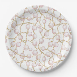 Plato De Papel Ducha de Novia Perlas Glam Rosa Dorado