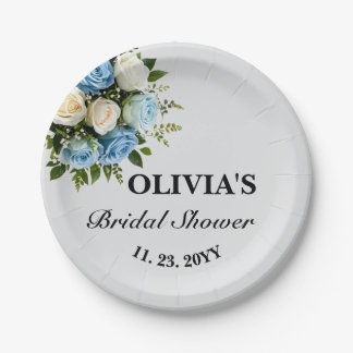 Plato De Papel Ducha de Novia Personalizada Floral Azul y Blanco