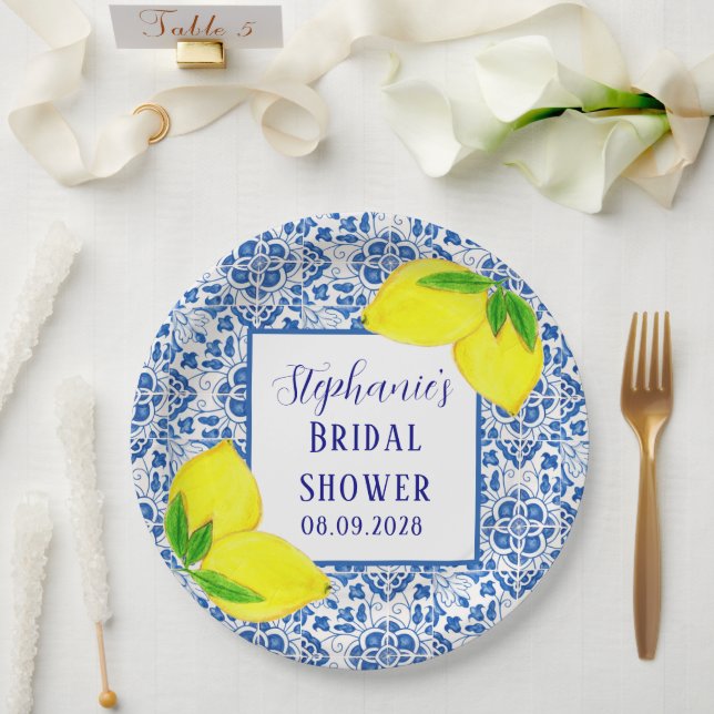 Plato De Papel Ducha de novia portuguesa de azulejos limón medite (Boda)