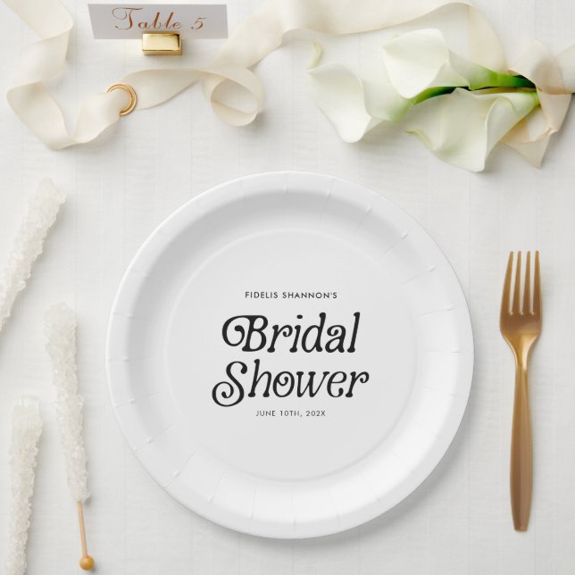 Plato De Papel Ducha de novia retro blanca y negra mínima (Boda)