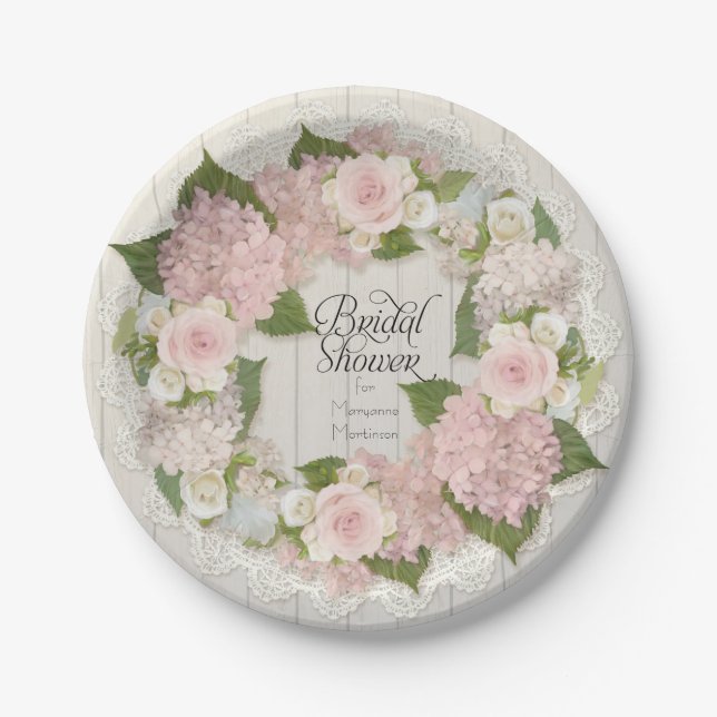 Plato De Papel Ducha de novia rosa Hydrangea Rosas Lace Wood Fenc (Anverso)
