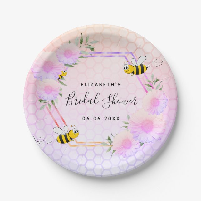 Plato De Papel Ducha de novia rosa púrpura novia abeja (Anverso)