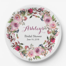 Plato De Papel Ducha de novia rosa rosa morado Wreath