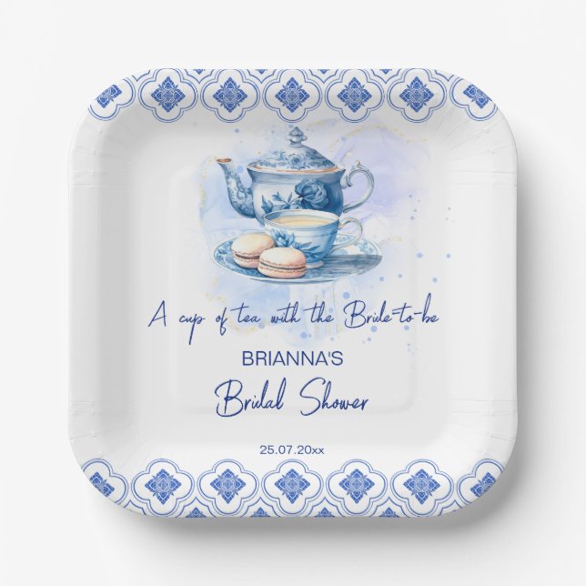 Plato De Papel Ducha de novia té fiesta azulejos azules tetera (Anverso)