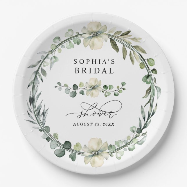 Plato De Papel Ducha de Novia Verde Eucalipto (Anverso)