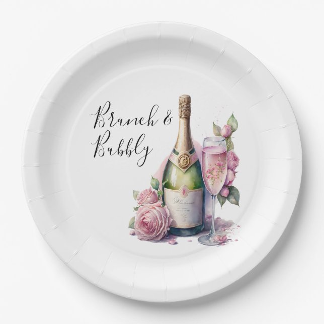 Plato De Papel Ducha de novias con flores rosadas de brunch (Anverso)