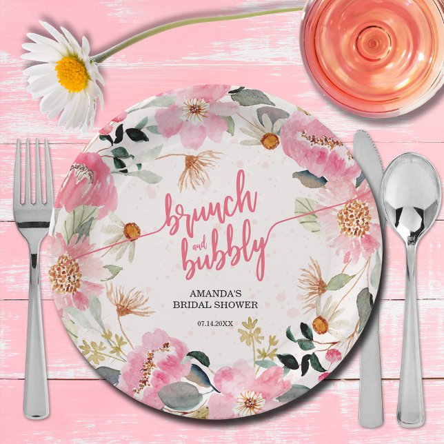 Plato De Papel Ducha de novias con flores rosadas de brunch (Brunch and bubbly pink watercolor floral bridal shower paper plates)