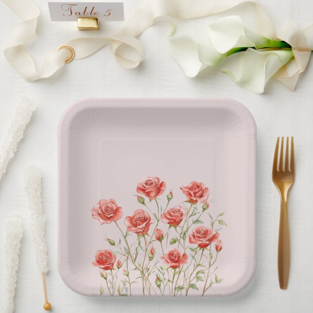 Plato De Papel Ducha de novias de rosas rojas rosadas de Rubor (Boda)