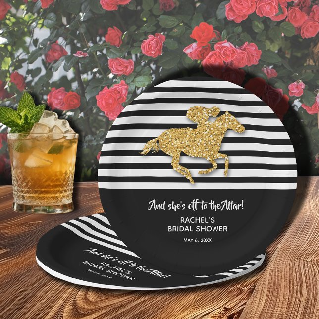 Plato De Papel Ducha de novias Gold Racehorse (Off to the Altar! Gold racehorse on black and white stripes Derby-themed bridal shower paper plates)