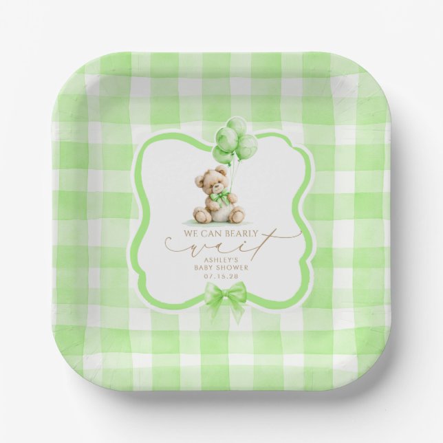 Plato De Papel Ducha de Osito de Gingham Verde (Anverso)