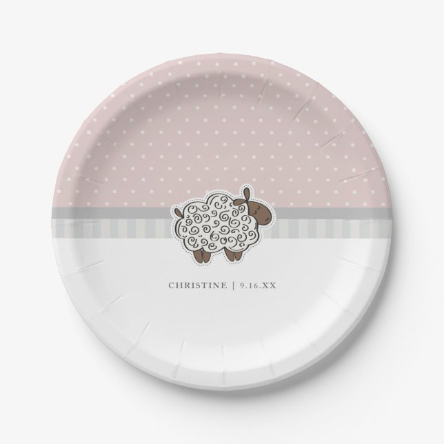 Plato De Papel Ducha de Oveja Bebé Rosa con Lunares (Anverso)