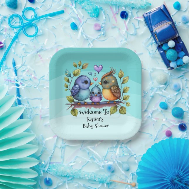 Plato De Papel Ducha de pájaro para bebés personalizada Pastel (Fiesta)