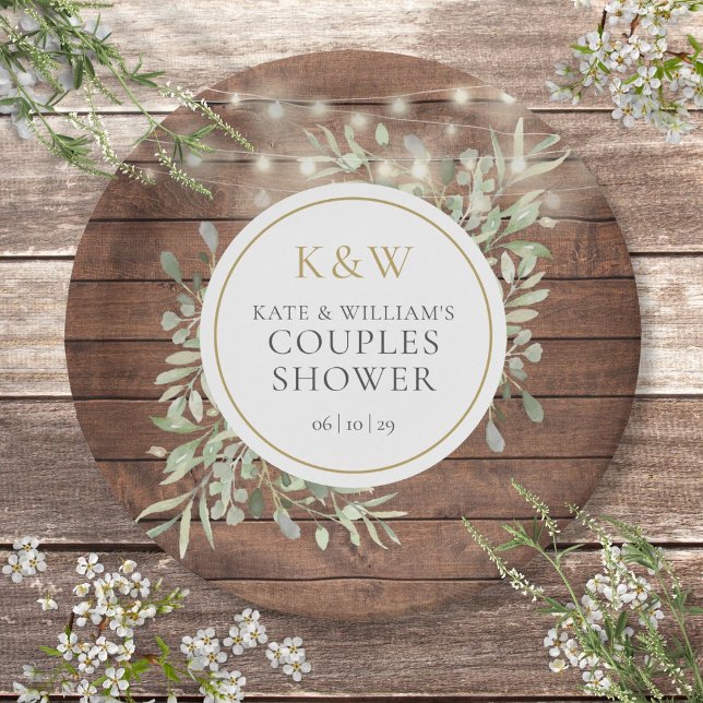 Plato De Papel Ducha de Parejas de Madera Rústica Monograma (Rustic Wood Monogram Greenery Couples Shower Paper Plate)
