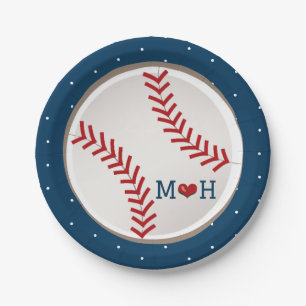 Plato De Papel Ducha Monogramada de Boda Cardíaca de Béisbol