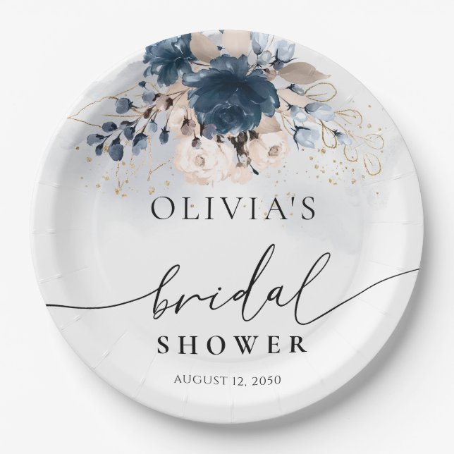 Plato De Papel Ducha nupcial azul y agitada Rosa de la Marina (Anverso)