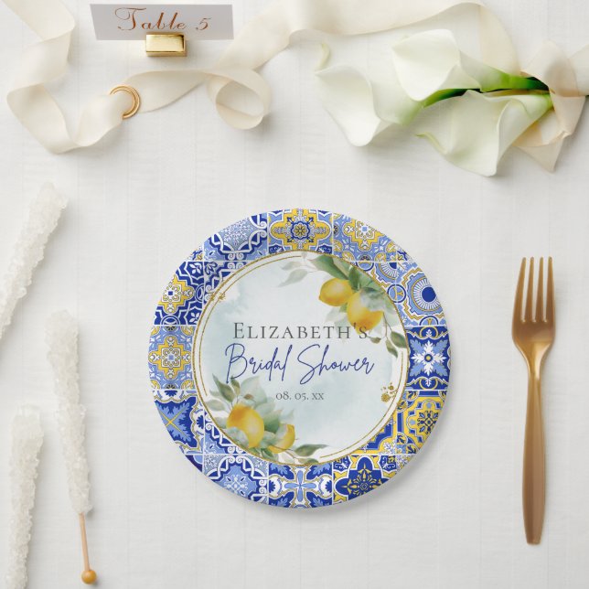 Plato De Papel Ducha nupcial con azulejos azules mediterráneos (Boda)