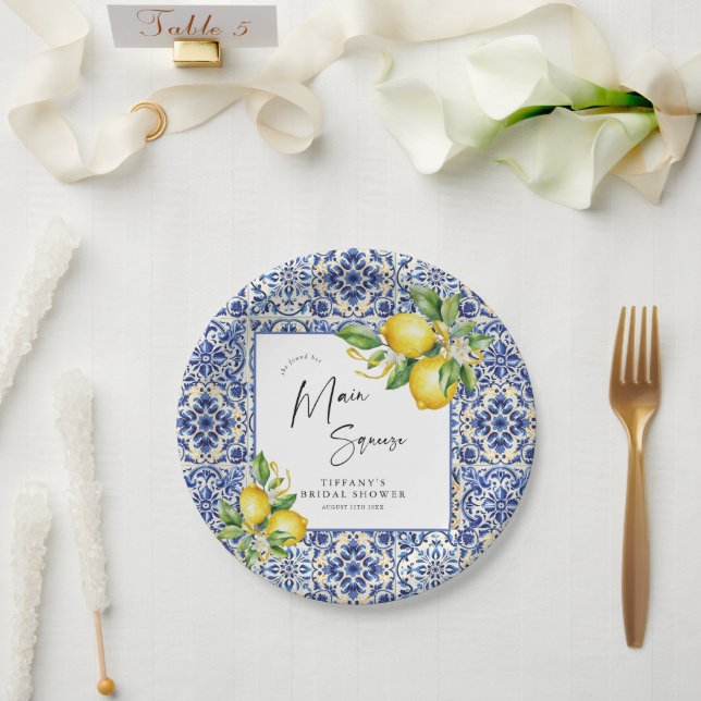 Plato De Papel Ducha nupcial con azulejos azules mediterráneos (Boda)