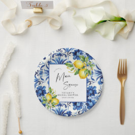 Plato De Papel Ducha nupcial con azulejos azules mediterráneos