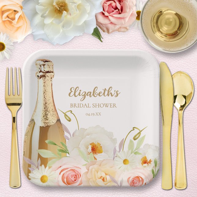 Plato De Papel Ducha nupcial con flores de bronce y burbuja (Brunch & Bubbly garden floral bridal shower square paper plates - 2 sizes available)