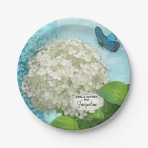 Plato De Papel Ducha nupcial Damask White Hydrangea Butterfly Art