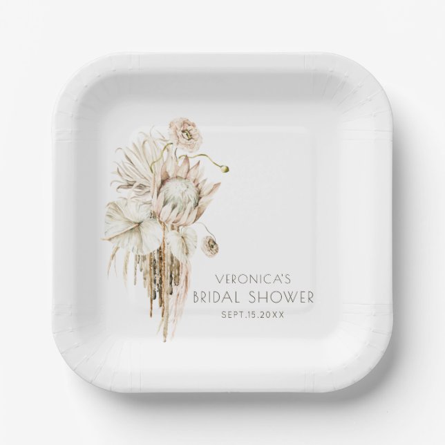 Plato De Papel Ducha nupcial de Boho Protea Pampas  (Anverso)