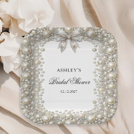 Plato De Papel Ducha nupcial de diamantes y perlas