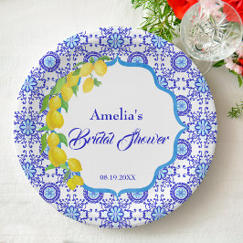Plato De Papel Ducha Nupcial de Limones Acuarela Amalfi