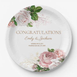 Plato De Papel Ducha nupcial de pareja floral rosa Rubor