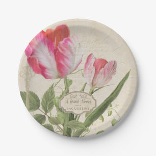 Plato De Papel Ducha nupcial del rosa del arte del tulipán del