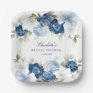 Plato De Papel Ducha nupcial Dusty Floral Azul acuarela