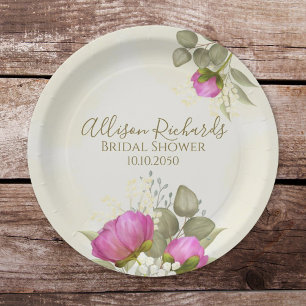 Plato De Papel Ducha nupcial Elegante acuarela Floral Peonies