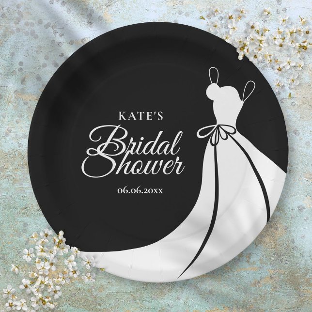 Plato De Papel Ducha nupcial elegante en blanco y negro (Black and White Elegant Gown Bridal Shower Paper Plates)