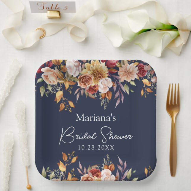 Plato De Papel Ducha nupcial floral azul de la marina (Boda)