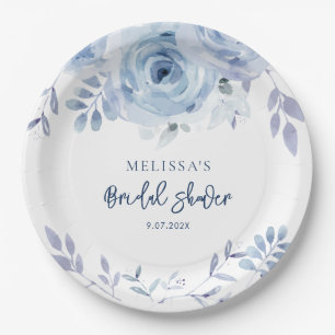 Plato De Papel Ducha Nupcial Floral Azul Polvoriento con Letra Rú