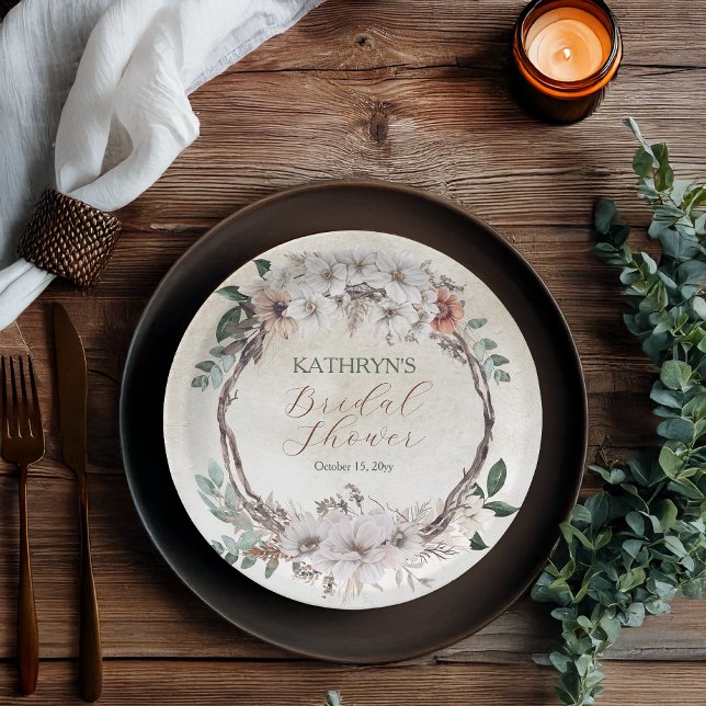 Plato De Papel Ducha Nupcial Floral Boho Silenciada de Otoño (Boho Muted Fall Floral and Grapevine Wreath "Fall in Love"  Collection Bridal Shower Paper Plates)