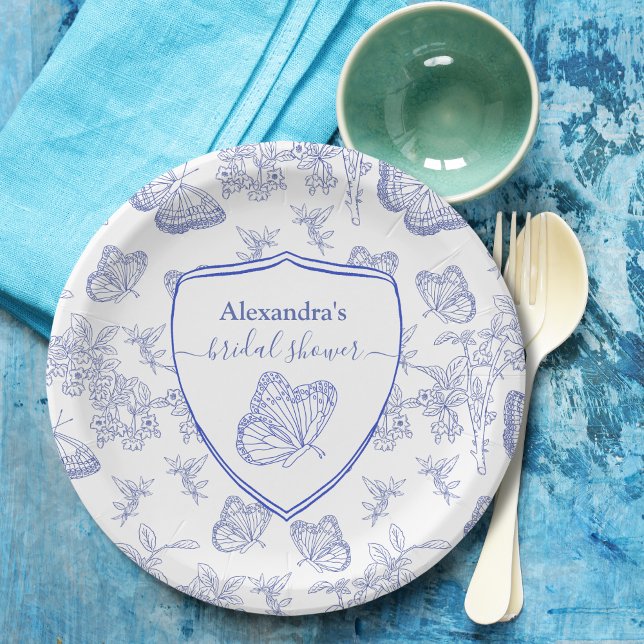 Plato De Papel Ducha nupcial floral Chinoiserie azul personalizad (Subido por el creador)