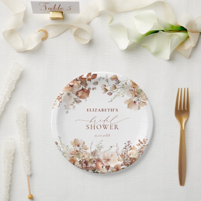 Plato De Papel Ducha nupcial floral de Boho neutro y rusa (Boda)