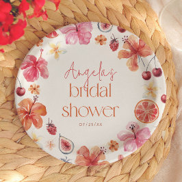 Plato De Papel Ducha Nupcial Floral de Naranja Cítrica